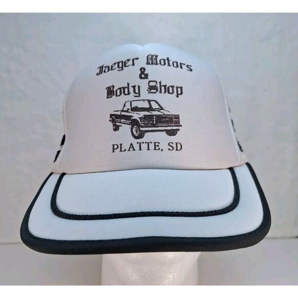 Vintage Three Stripe Jaeger Motors & Body Shop Trucker Hat Cap White - Picture 1 of 8